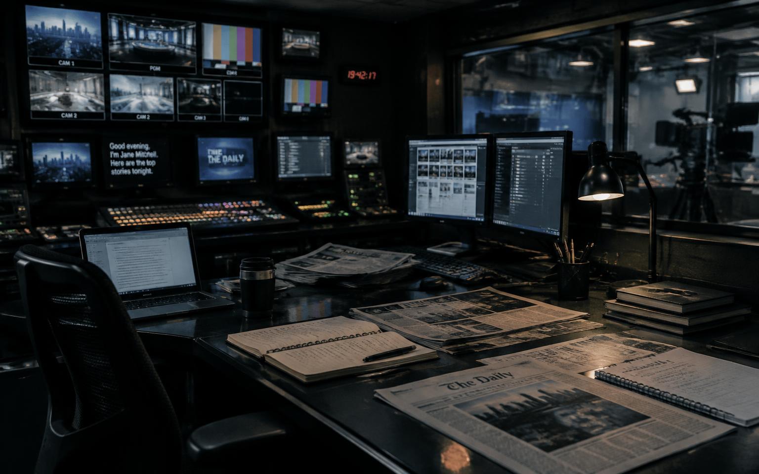 Placeholder: a television control room and editorial desk with newspaper proofs
